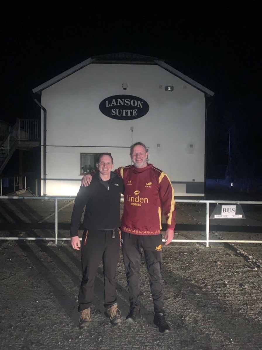 MAIN: Rory Honeychurch (left), Jamie Stevens (centre) and Pete Gross (right) celebrate outside Okehampton RFC’s clubhouse at the end of their sponsored walk. INSET: Jamie Stevens (left) and Pete Gross at a chilly Launceston RFC at the start of their walk.