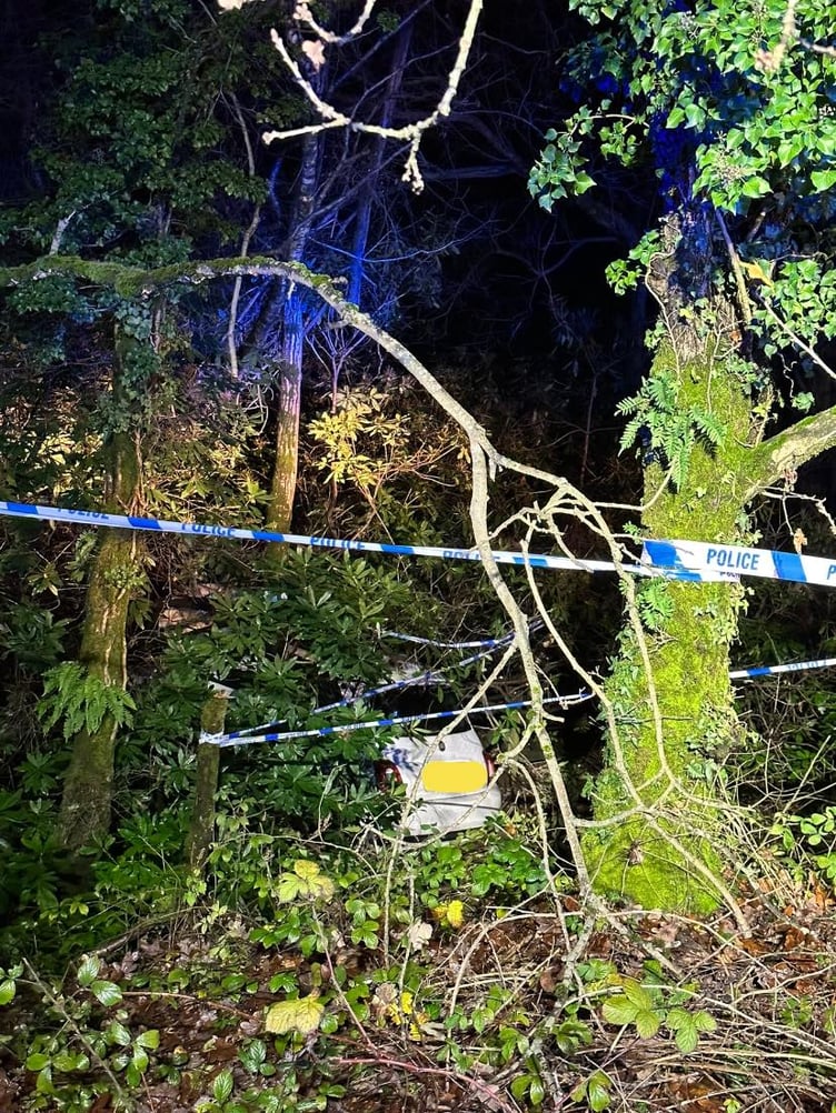 TWO people had to be cut free from their car by firefighters after it crashed down a sharp bank and ended up in a wooded area in Teigngrace. Picture: Bovey Tracey Fire Station (Dec 23 2022)