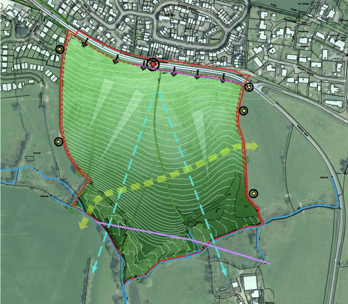 ABOVE: The proposed design for some of the 195 houses; Right, the site. Cornwall Council/Bovis Homes