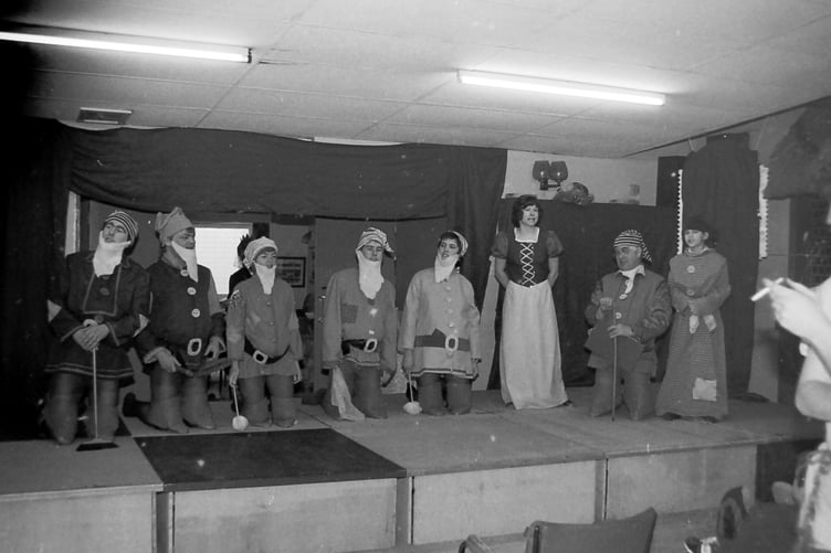 In December 1984 Crediton Rugby Club staged the pantomime 'Snow White' and pictured are some of the cast.