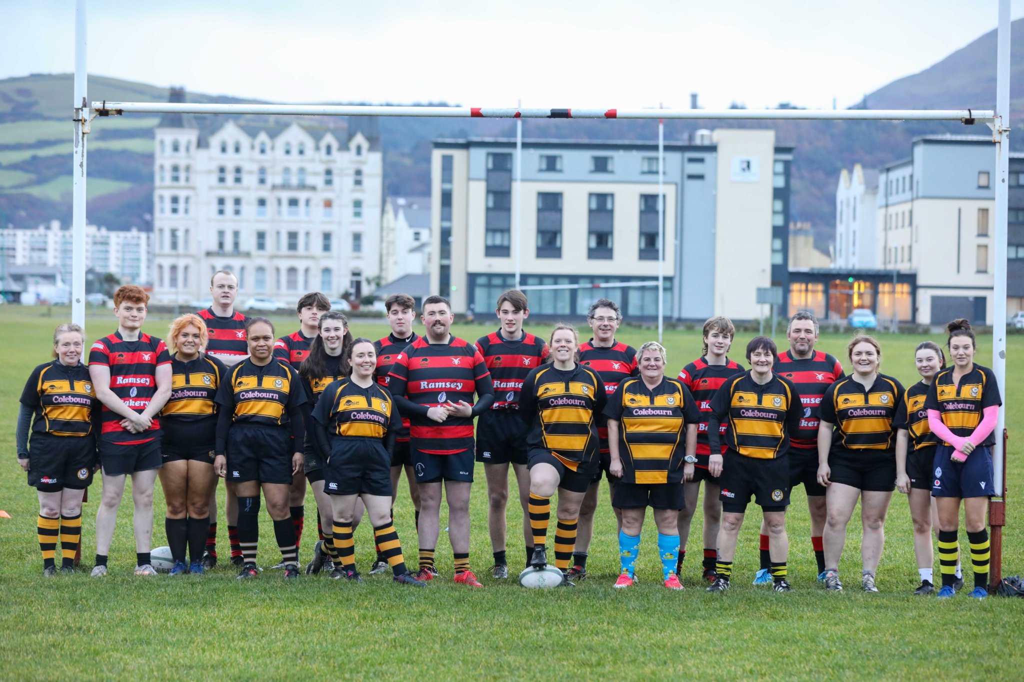 Players from Ramsey and Vagabonds Ladies rugby clubs line up prior to the annual Jim Nicholson Front Row rugby game at Mooragh Park on New Year’s Day. The latter side proved too strong for their hosts, winning by 11 tries to six (Photo: Callum Staley)