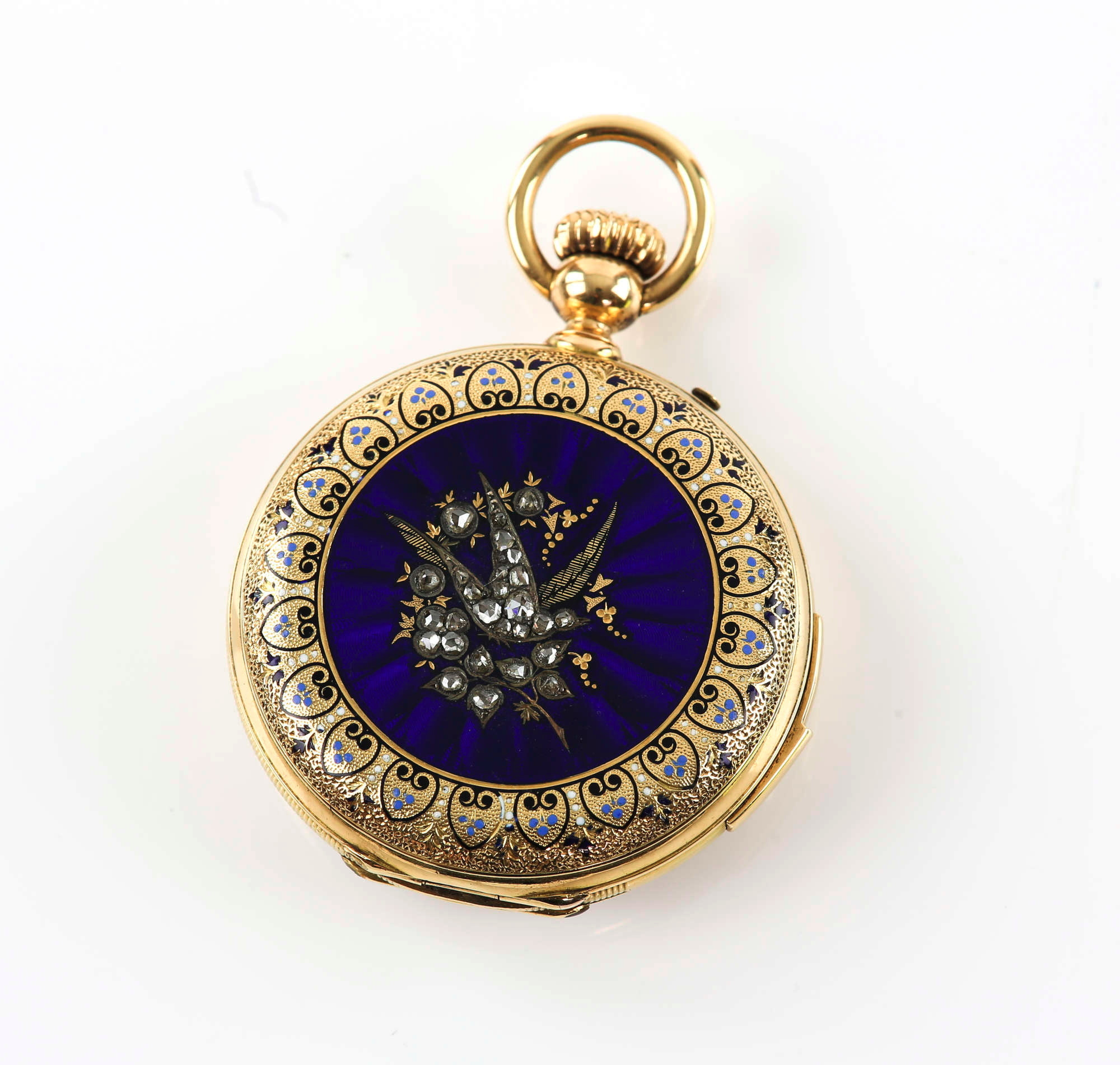 A full hunter pocket watch, set with rose cut diamonds, with blue, black and white enamel in an ornate design around the edge made £5,720.