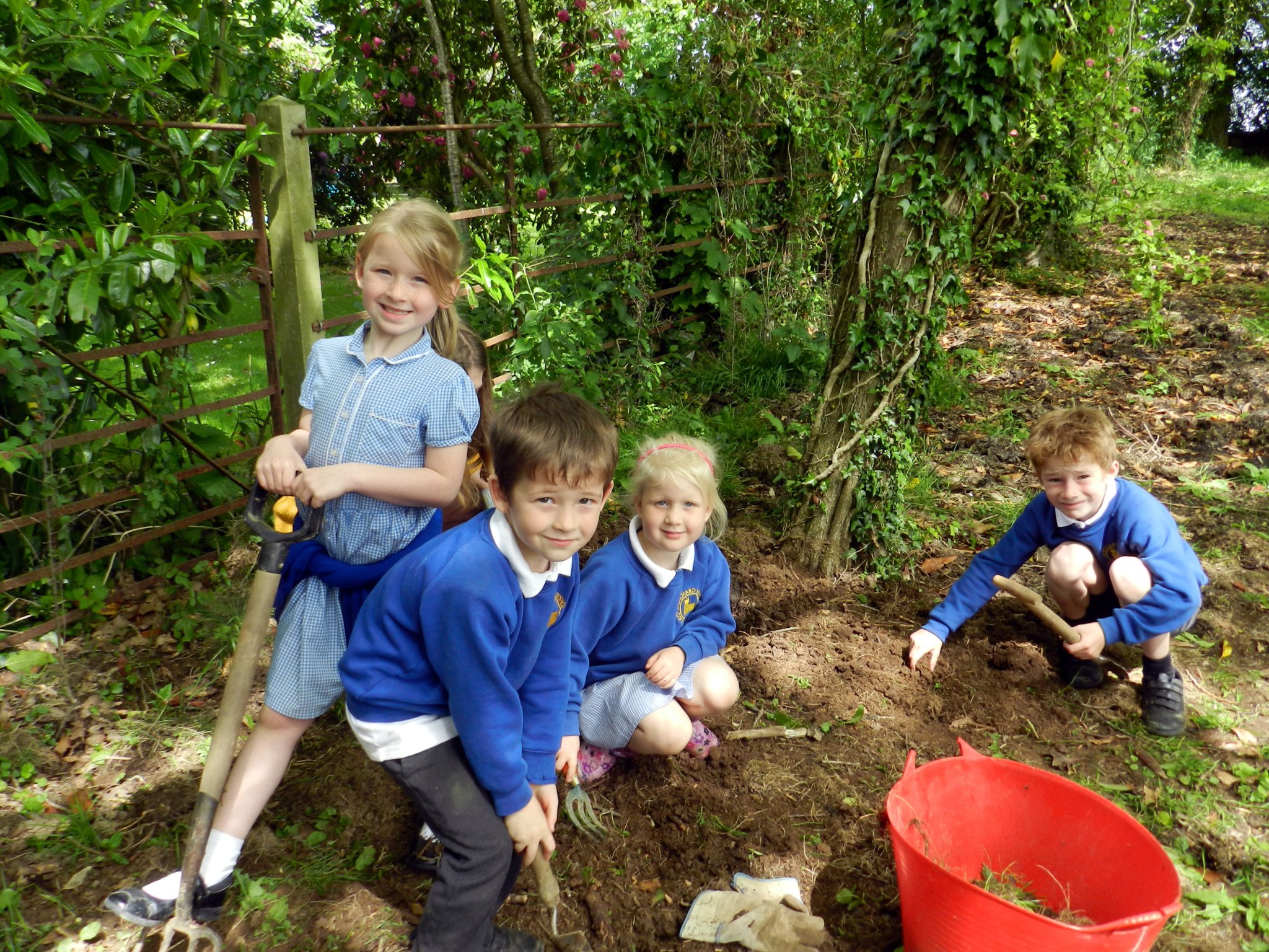 Children from Morchard Bishop Primary School working hard in the new sensory garden in the school grounds. NP 190522 05