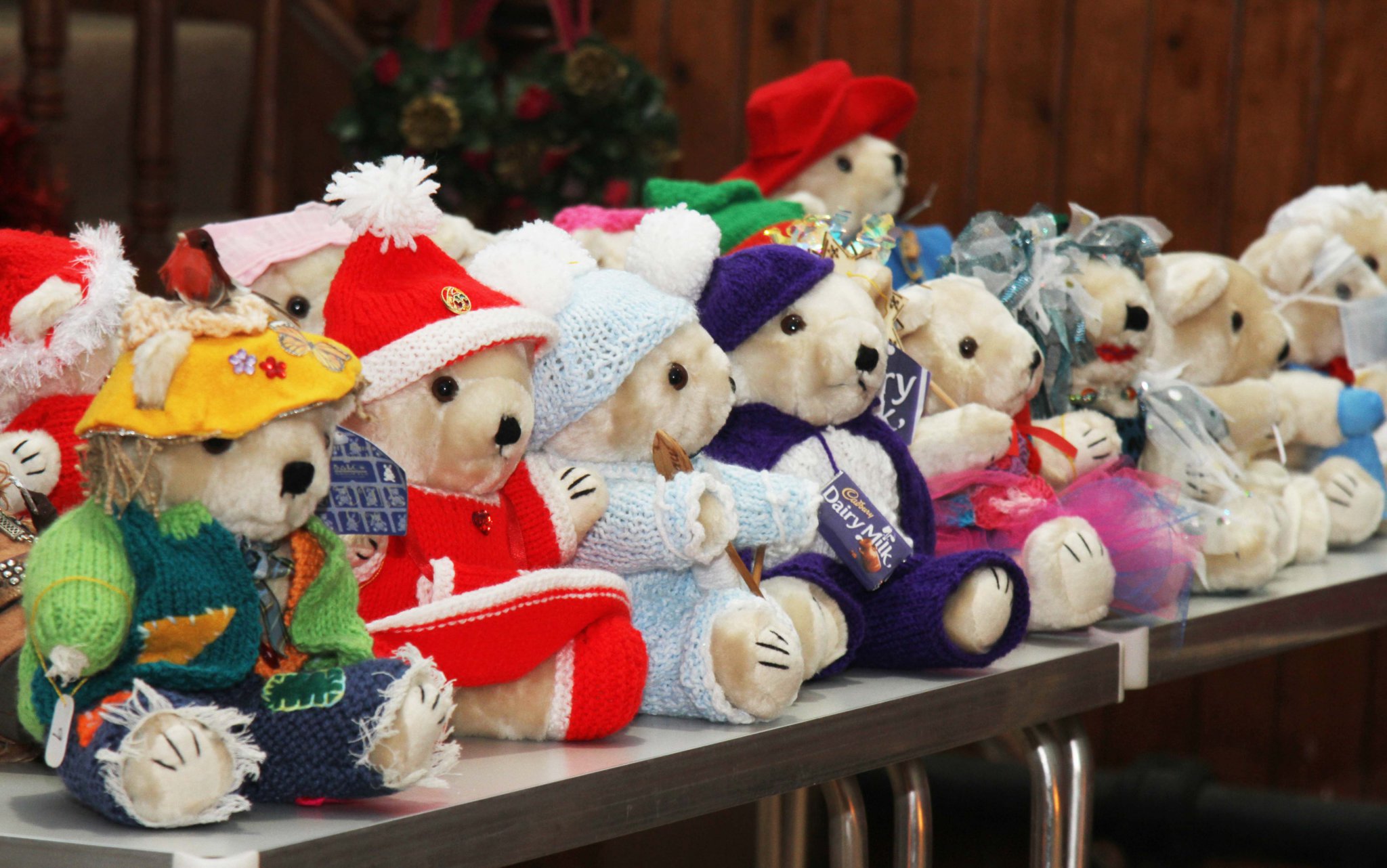 Mount Tabor Methodist Church festive Bear Parade. Line up of bears with the winning one Worzel Gummidge front left made by Jill Dawson.