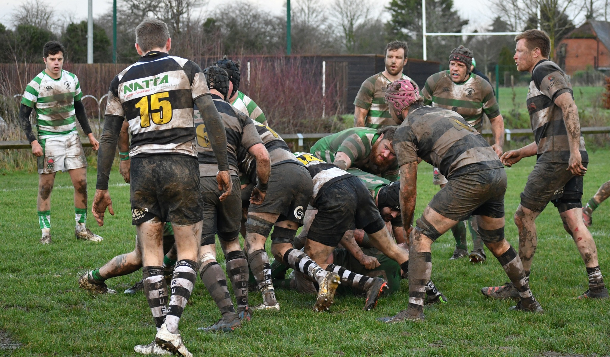 The Farnham forwards pound the Horsham line as the game draws to a close