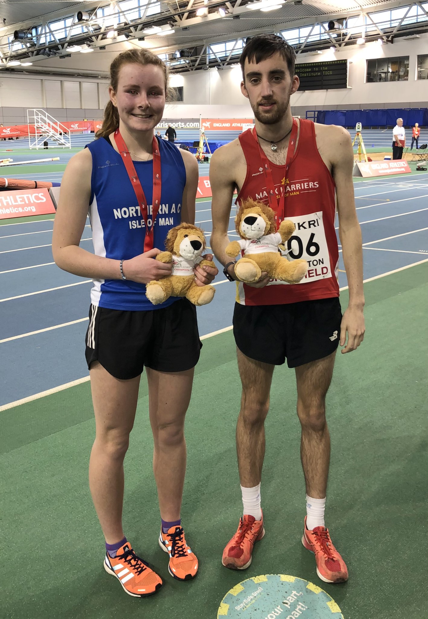 Mia Dunwell and Tom Partington after winning their respective events, Tom the England Indoor Race Walking title and Mia the women’s Under-20