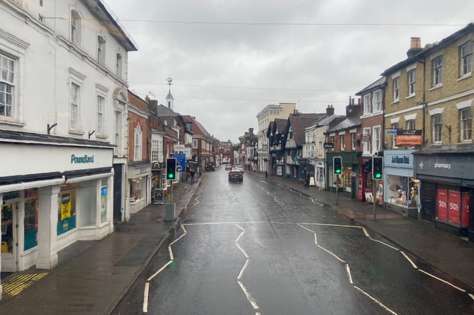 The view from the top deck of the Stagecoach number 65 bus as it pulls into The Borough, Farnham