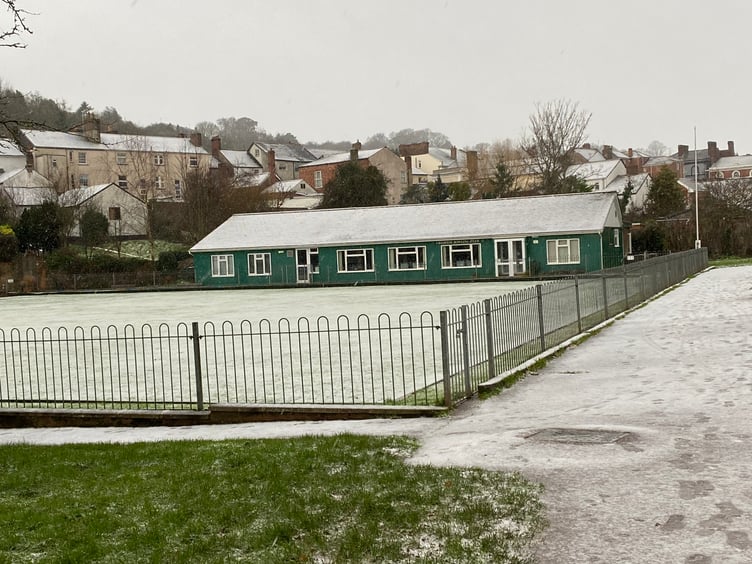 A covering of snow at Crediton Bowling Club.