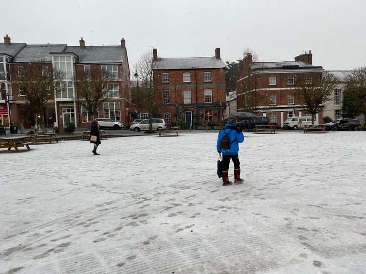 Crediton Town Square during a snow shower.