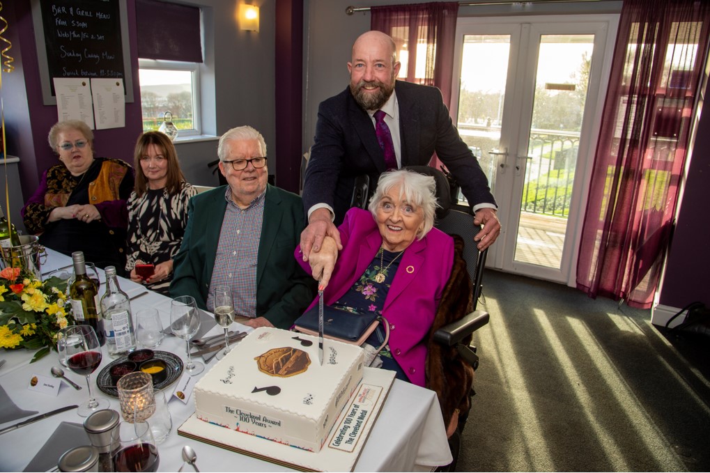 The cake was cut by the farthest back in time Cleveland Medal winner in attendance from 1960 Margaret Summerscales (née Curphey) and the current holder Paul Costain