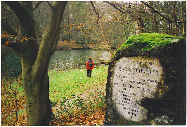 A stone commemorating Sir Robert Hunter at Waggoners Wells near Grayshott