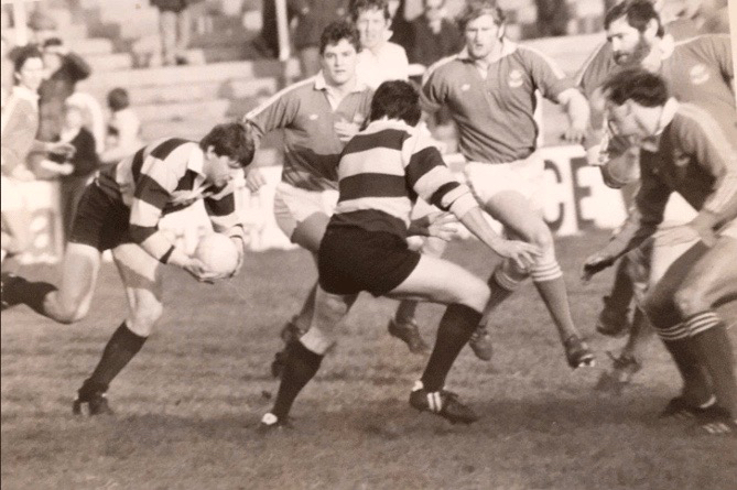 Abergavenny skipper Nigel Evans takes on Wales stars Ray Gravell and Peter Morgan in the Welsh Cup match 40 years ago this week, when the Monmouthshire side pushed them all the way.