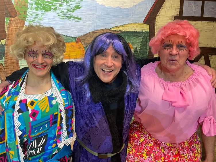 Gertrude, left, is played by James Bryant, pictured with Baron Hardup, played by Bruce Moody, centre and Grizelda, played by Bryan Durrant, right.