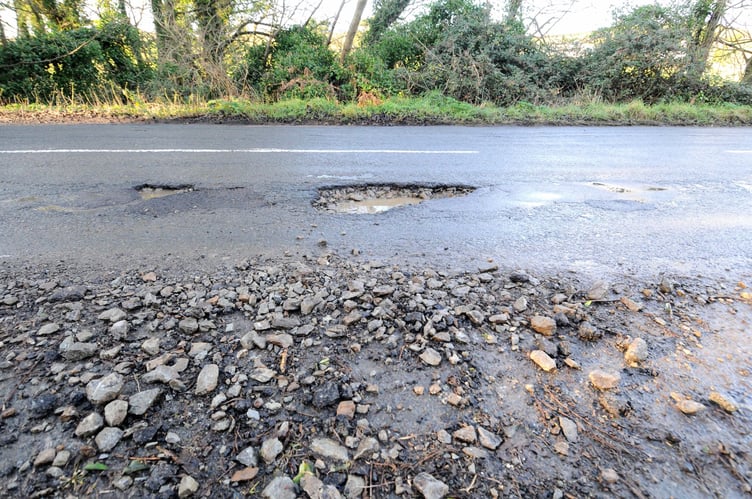 A pothole on the A10 road between Bride and Ramsey, at the junction with Lambhill Road -