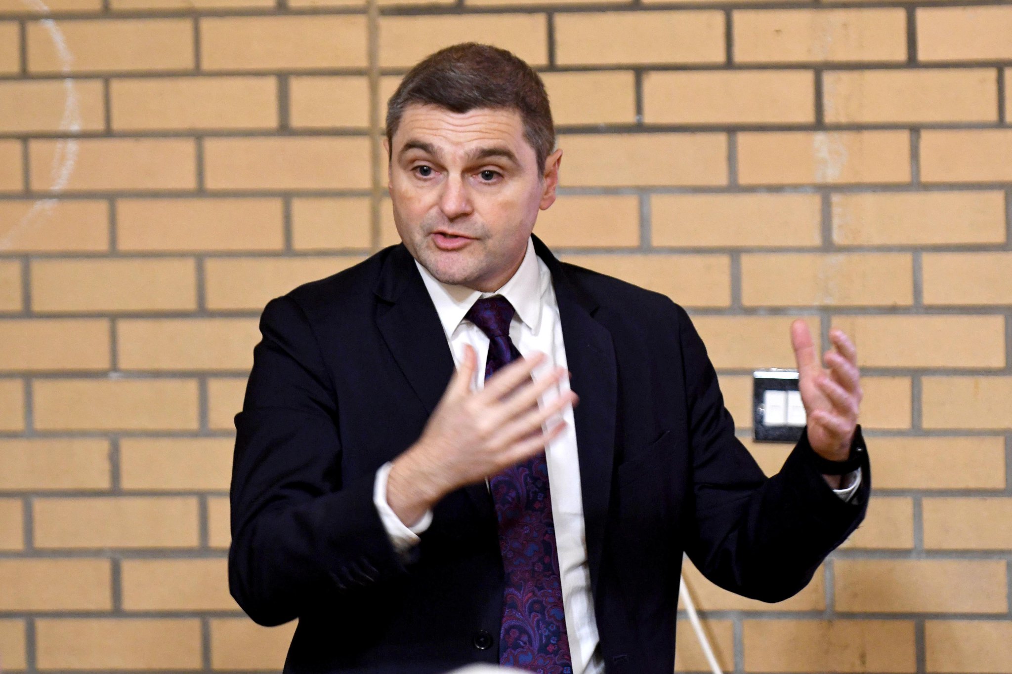 A public meeting hosted by the Department of Infrastructure on proposed traffic calming measures in Kirk Michael village - pictured is Jeff Robinson, director of highways