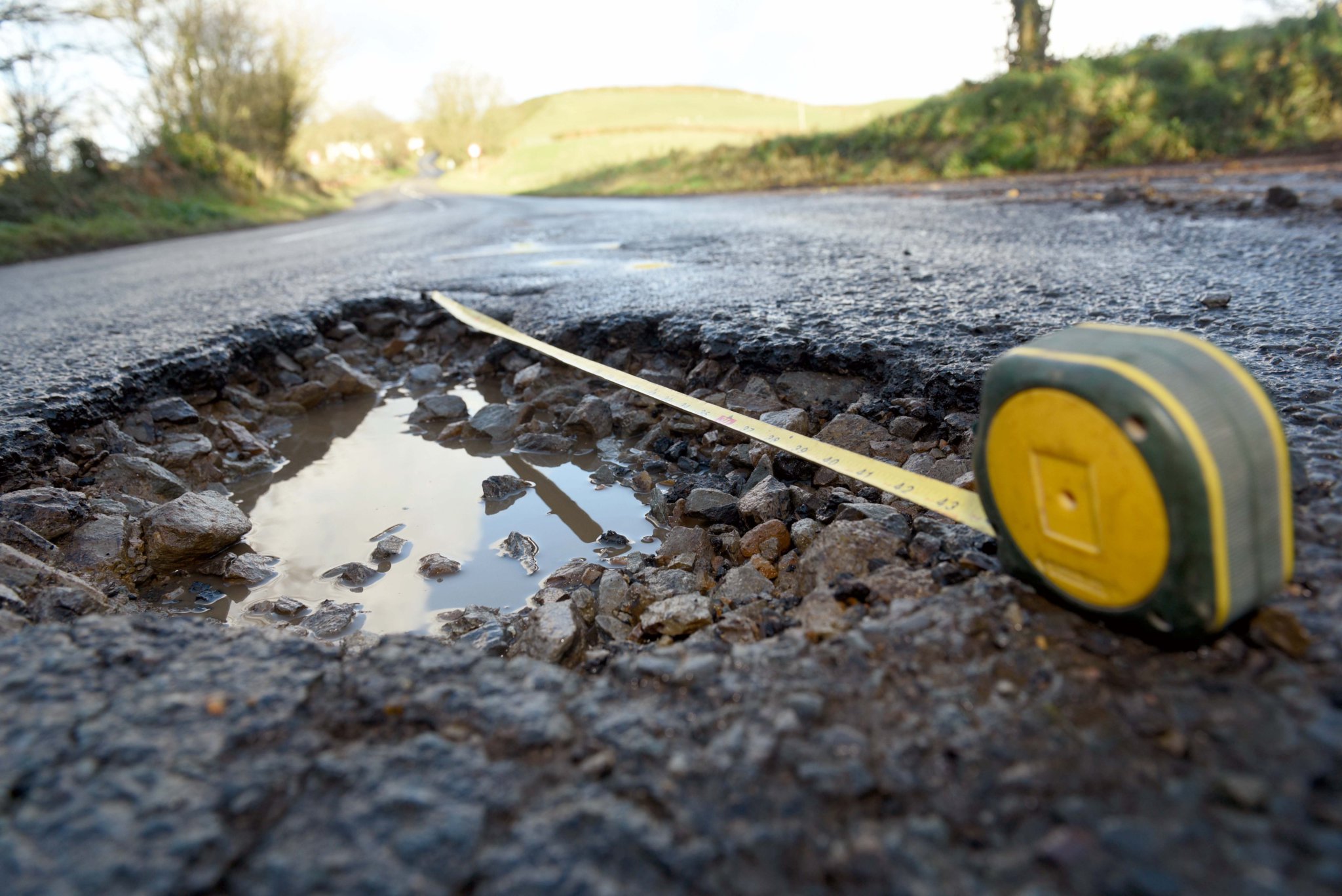 A pothole on the A10 road between Bride and Ramsey, at the junction with Lambhill Road -