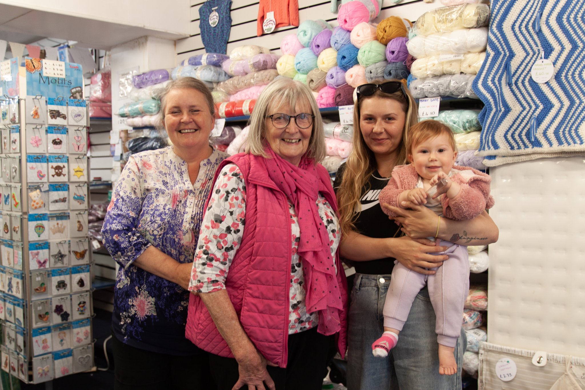 Lorna Morton, Ann Morton, Ellie Peel, Paisley Moore at needlework shop New Generation in Port Erin