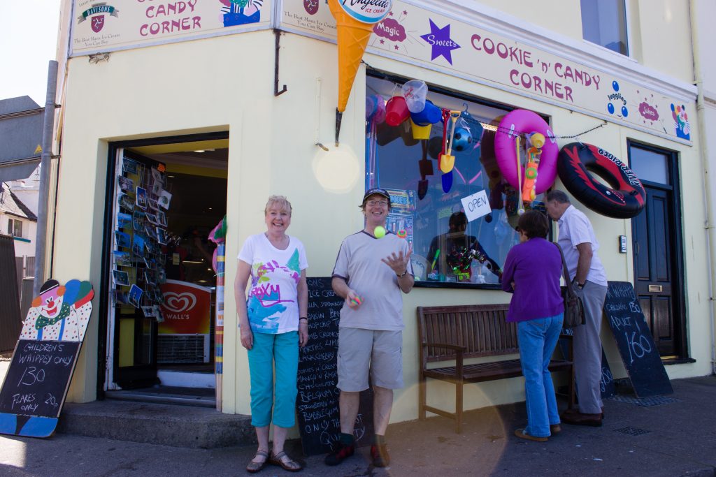 Jean and Chris Burns in front of Cookie n Candy Corner at The Promenade, Peel in 2011 Photo: Chris Littler