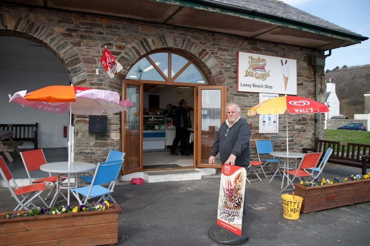 Philip Wells in front of the Laxey Beach Stop in 2012 Photo: Chris Littler