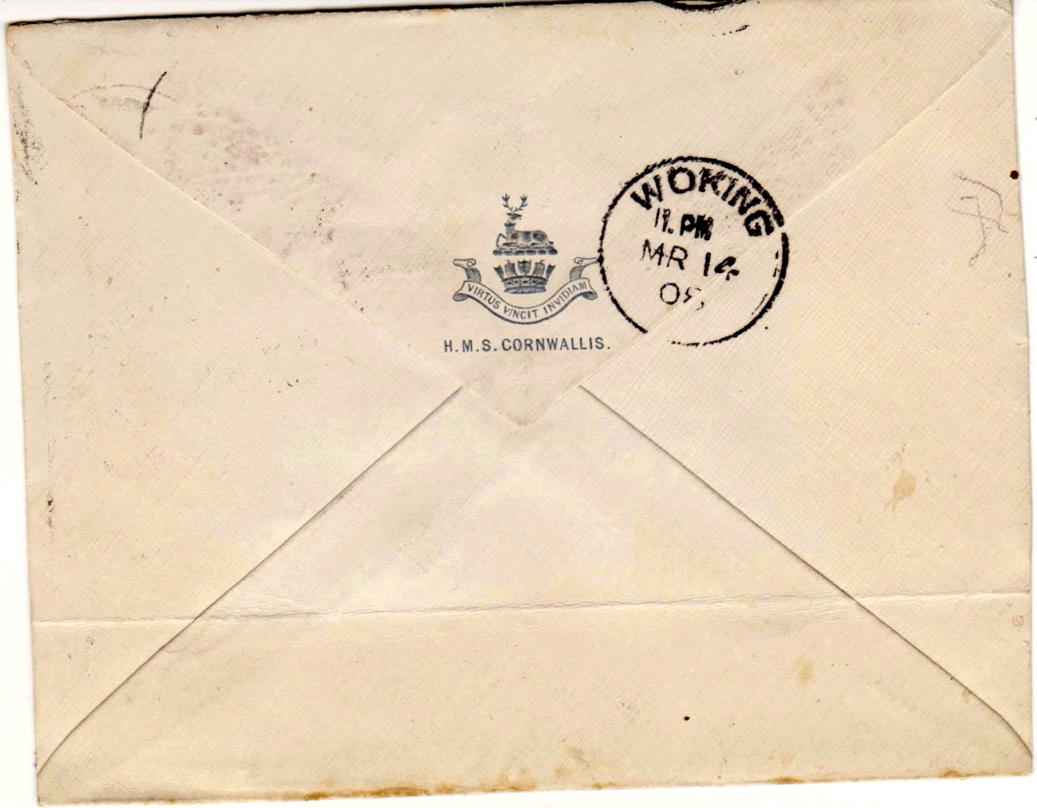 The crest and postmark which are on the back of the envelope.