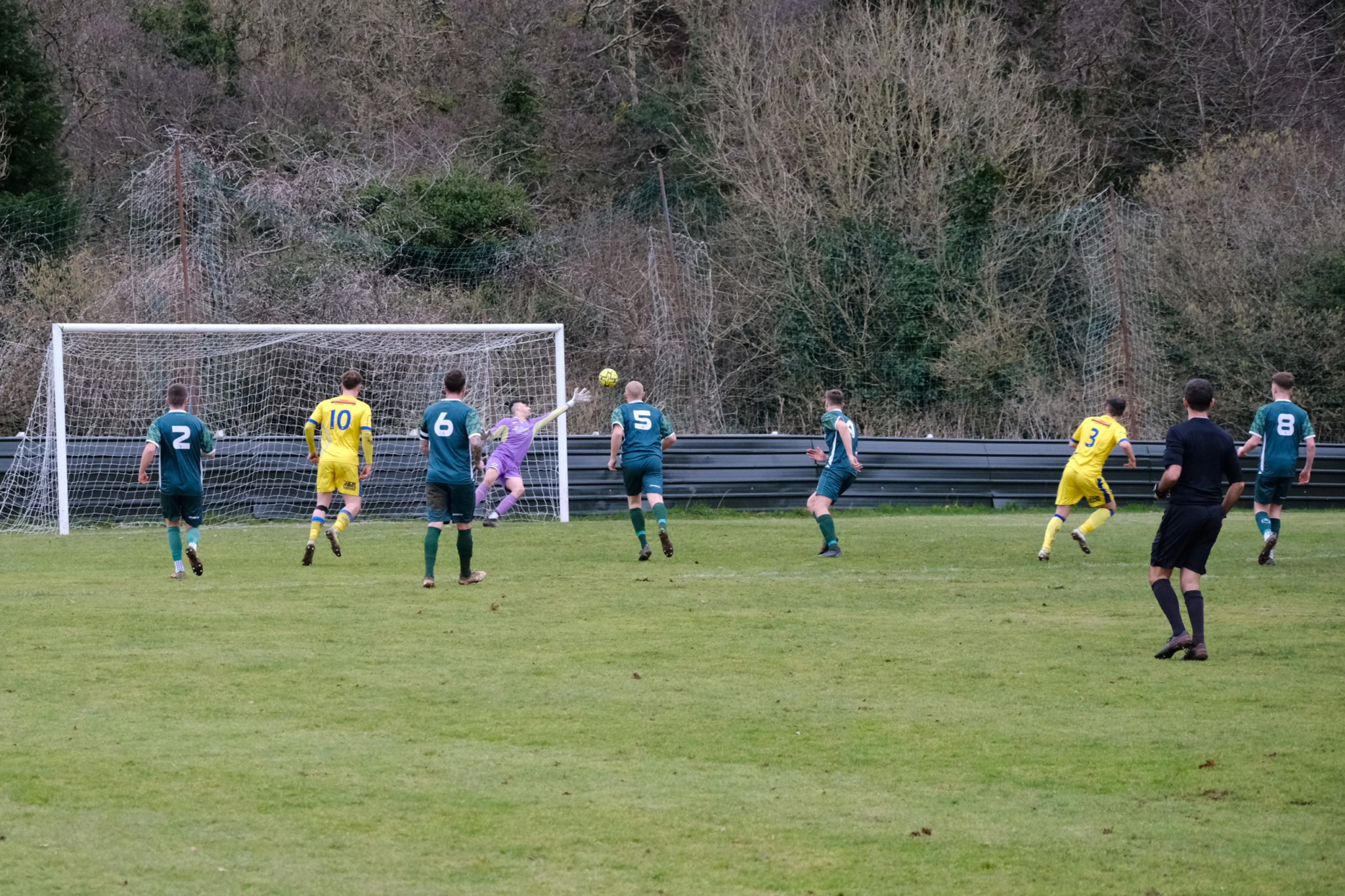 CLOCKWISE FROM ABOVE: Ollie Snow’s shot beats the Elmore keeper for Argyle’s second goal; Brad Ausden fires home Okey’s fourth goal; Luke Mortimore slots home the opening goal; Argyle defend well early on. Pictures by Iain Lamble.