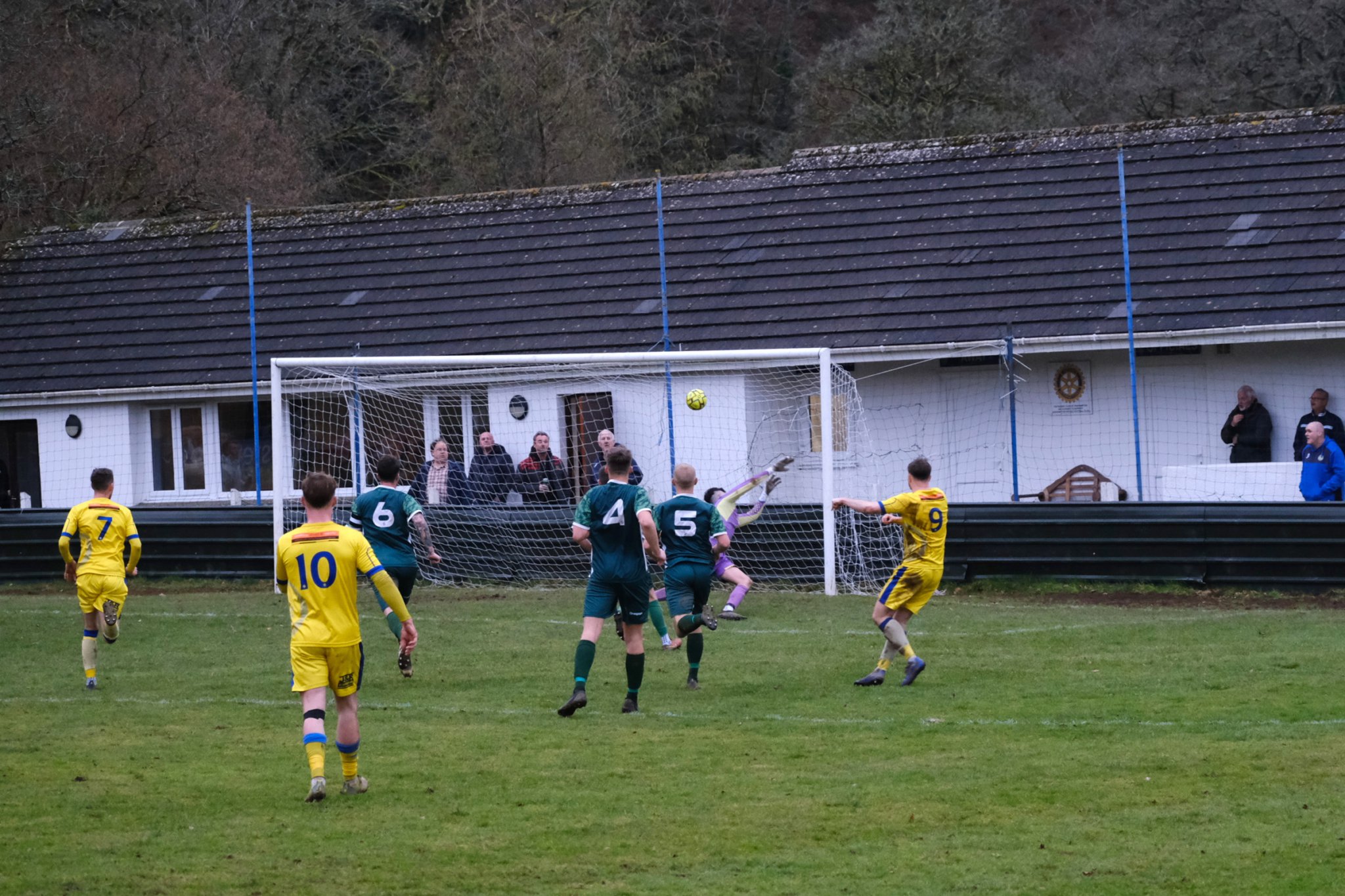 CLOCKWISE FROM ABOVE: Ollie Snow’s shot beats the Elmore keeper for Argyle’s second goal; Brad Ausden fires home Okey’s fourth goal; Luke Mortimore slots home the opening goal; Argyle defend well early on. Pictures by Iain Lamble.
