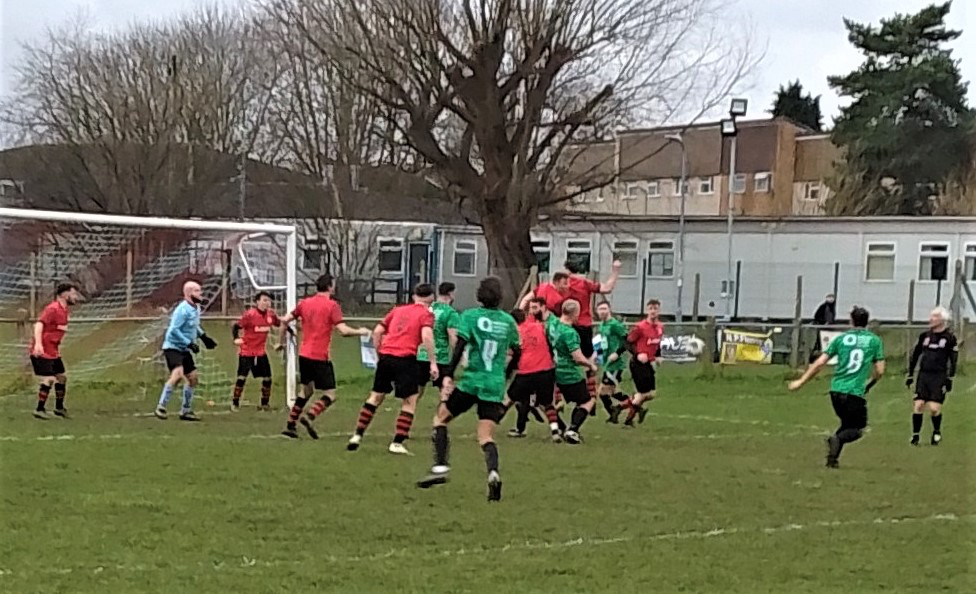 Mardy defend an Oak corner in their 3-1 home win. Photo: CLIVE HARRY.