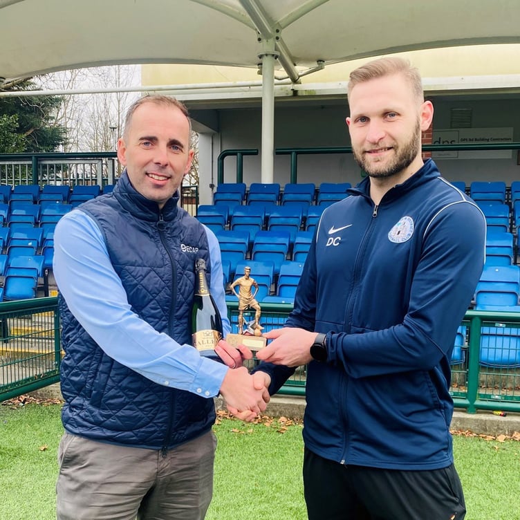 Douglas and District’s Daniel Stewart-Clague (right) was named as the player of the round in the ECAP FA Cup prelims after starring for the Division Two side when they stunned Premier League outfit Union Mills on penalties last month. He is pictured receiving his award from ECAP’s Stephen Corran at the Bowl earlier this week