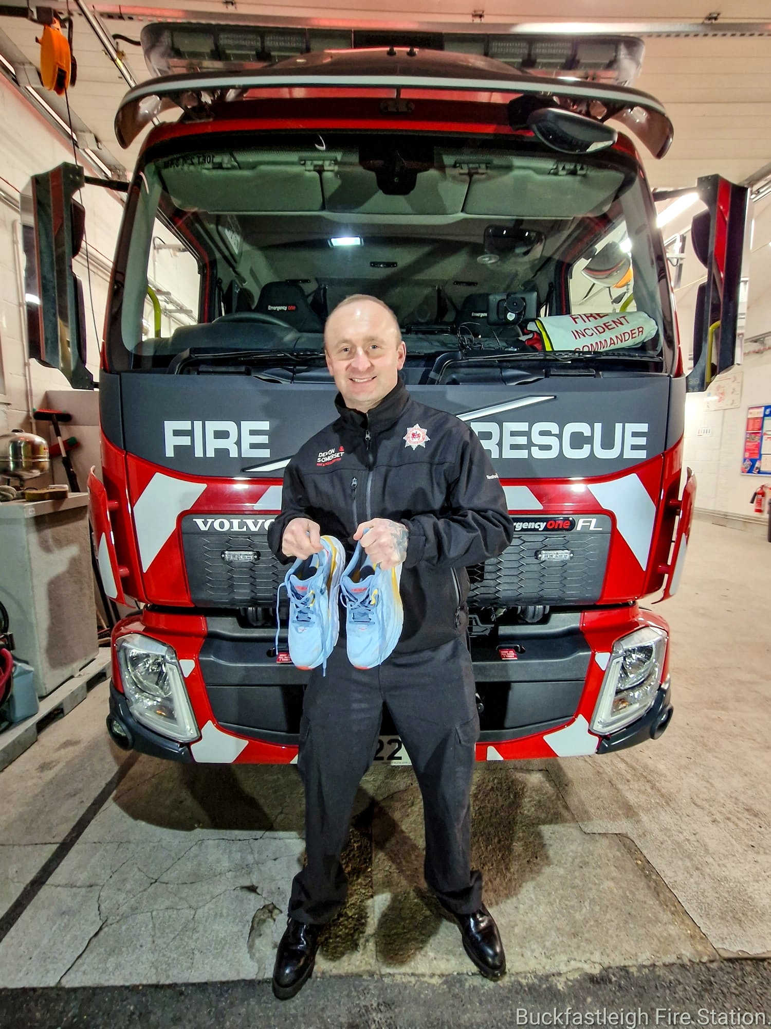The Buckfastleigh Fire Station team show their support for crew manager Brett Easterbrook who will be running the running the Rob Burrow Leeds Marathon to raise money to fight Motor Neurone Disease.