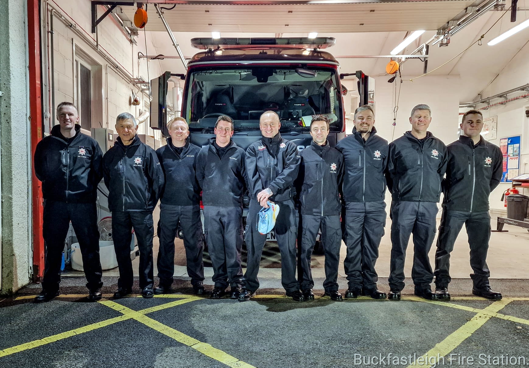 The Buckfastleigh Fire Station team show their support for crew manager Brett Easterbrook who will be running the running the Rob Burrow Leeds Marathon to raise money to fight Motor Neurone Disease.