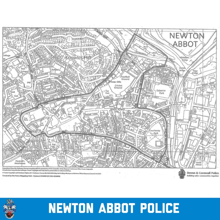 The area covered by this evening's Dispersal Order in Newton Abbot. Picture: Police
