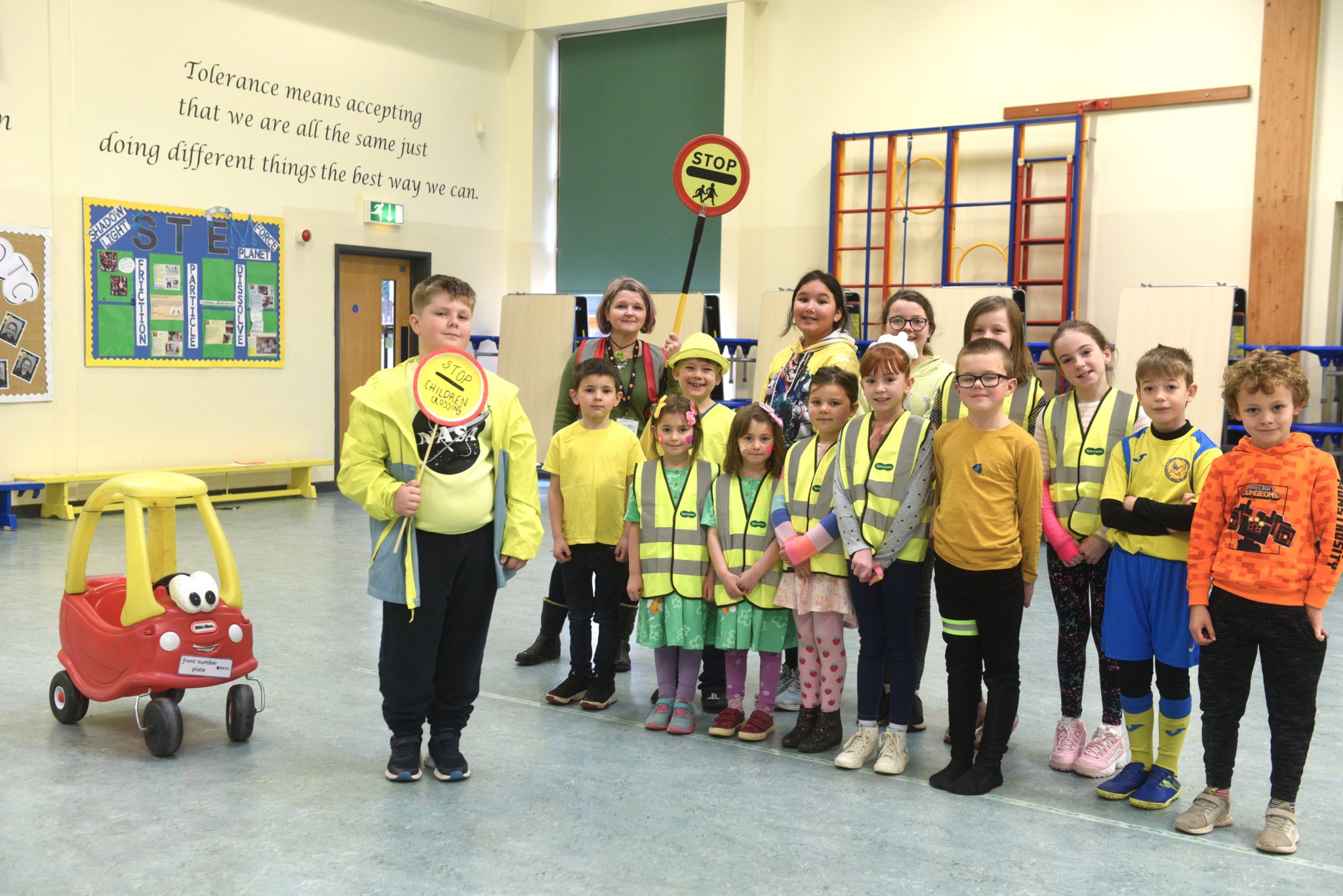 Pupils dressed in their hi-vis jackets were joined by Councillor Emma Bryn to kickstart the fundraiser in memory of Pam, pictured right