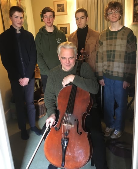 Martin Read Foundation workshop February 2023. Students Joe, Josh, Felix and William with cellist Joseph Spooner.