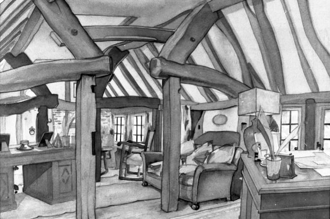 An unsigned drawing of the interior of the offices of the Quinette mineral water factory in what would later become The Castle Theatre and even later Zizzi in Castle Street, Farnham