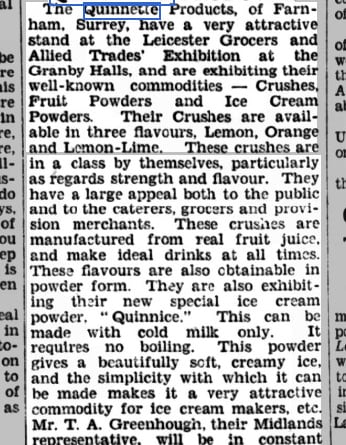 Quinette's popularity wasn't limited to Farnham, with this article commending the brand's 'very attractive stand at the Leicester Grocers and Allied Trades' Exhibition at the Granby Halls'