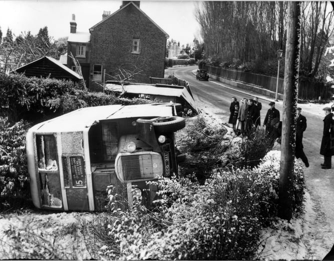 This image from the Herald archive captures the scene in 1954 after a double-decker belonging to the Aldershot & District bus company came to grief in Alma Lane at Heath End