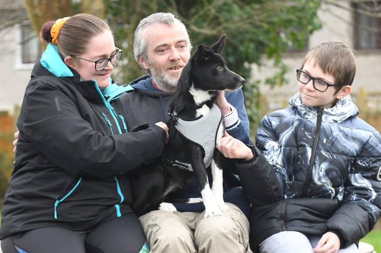 Lucy the 5-month-old border collie puppy, who disappeared in Conrhenny Plantation and was found after four days of searching - pictured with owners Jemma Ryan, Pip Quayle and Jamie Quayle (12)