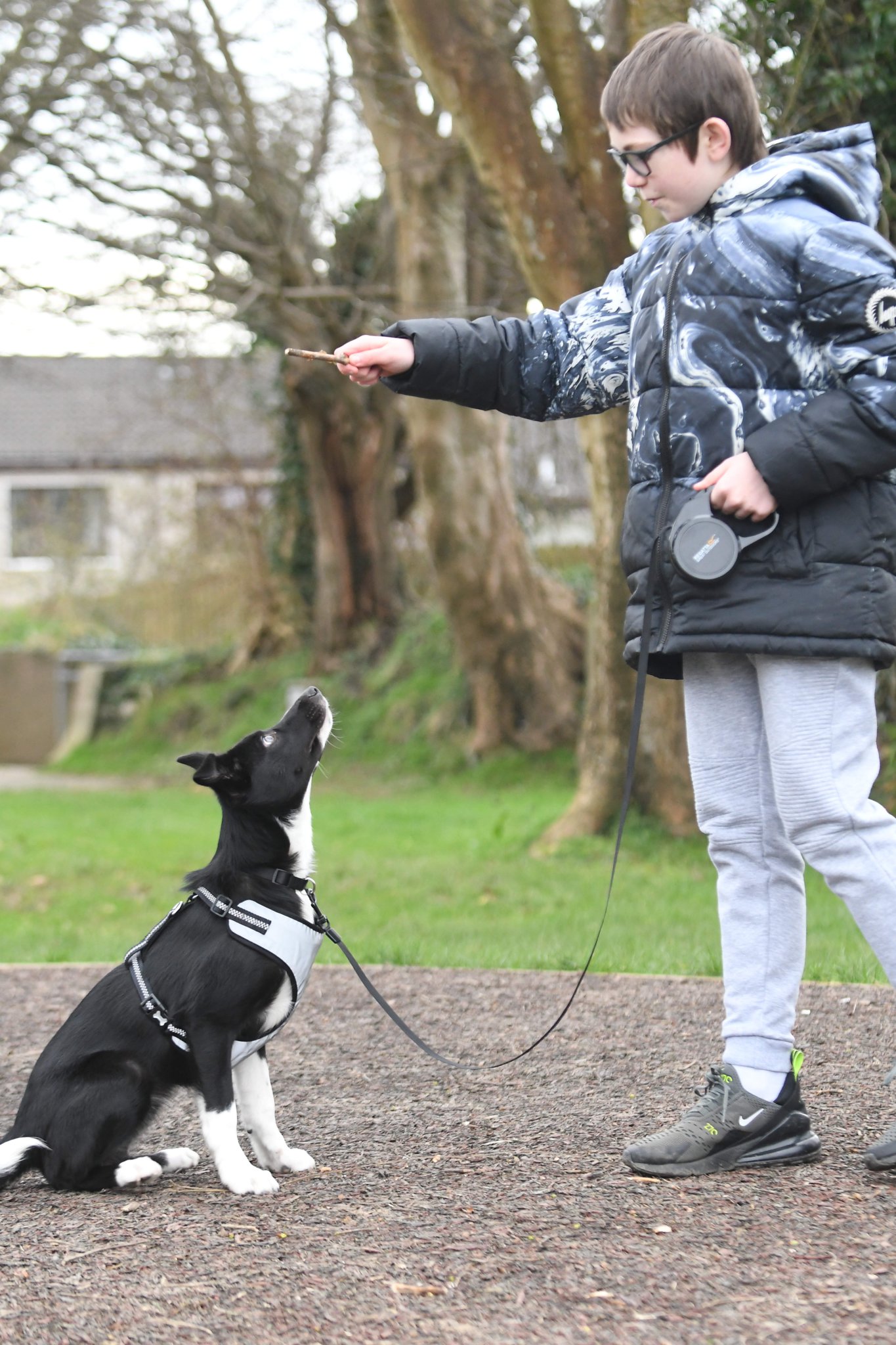Lucy the 5-month-old border collie puppy, who disappeared in Conrhenny Plantation and was found after four days of searching - pictured with Jamie Quayle (12)