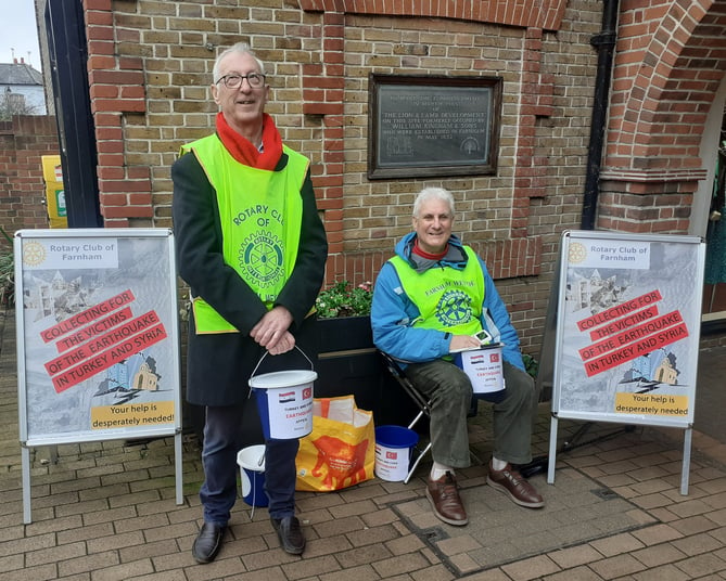 Farnham Rotarians collecting for earthquake victims in Lion & Lamb Yard