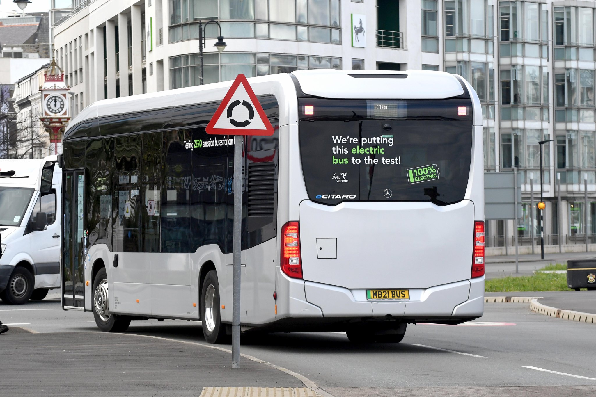 A zero emission Mercedes ‘eCitaro’ electric bus being tested on the island’s roads -