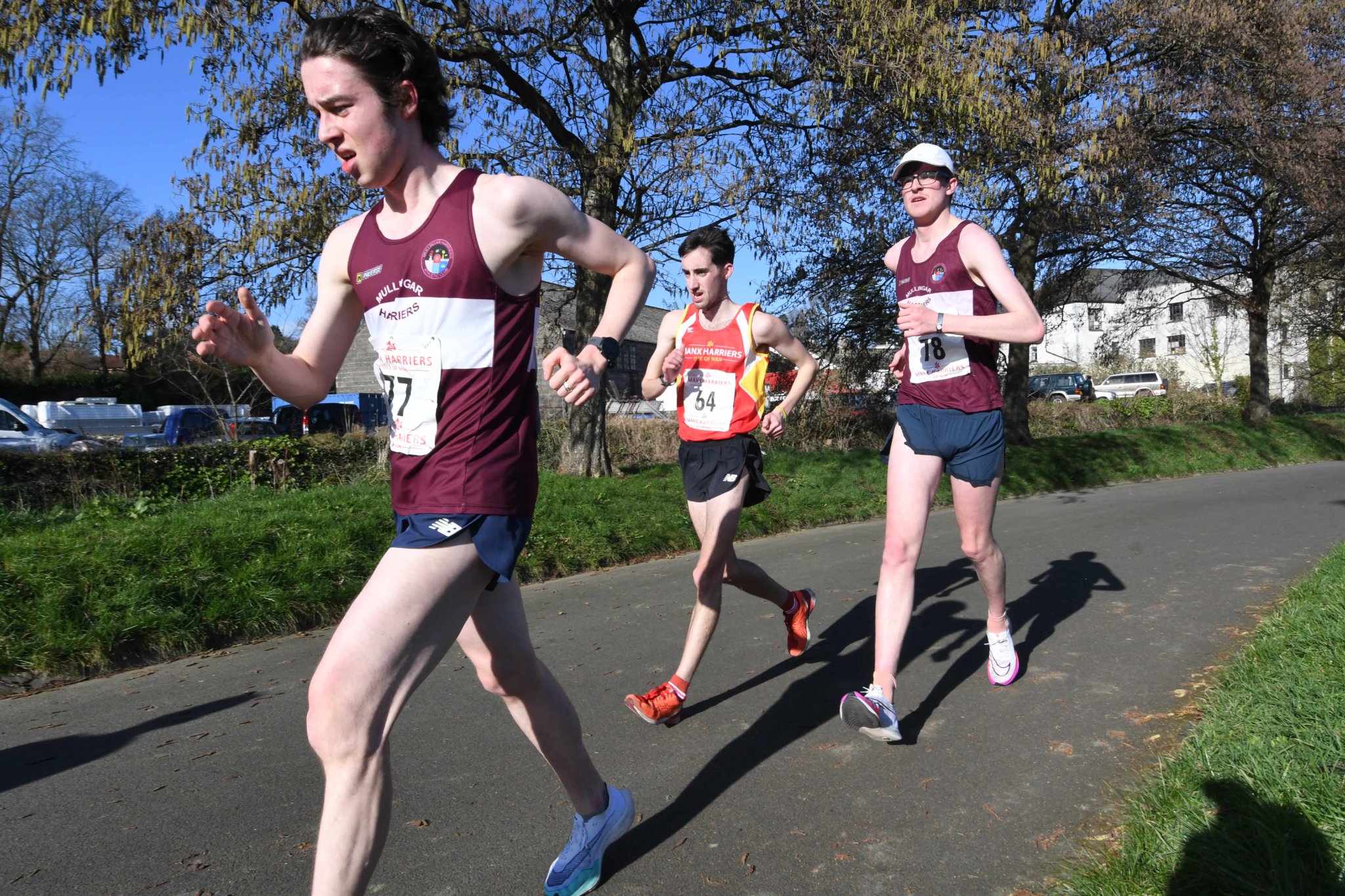 Oisin Lane leads fellow Mullingar Harrier Matthew Glennon (right) and 10km walk winner Tom Partington of host club Manx Harriers. Glennon won the 20km race with a European under-23 consideration time (DK230225(94))