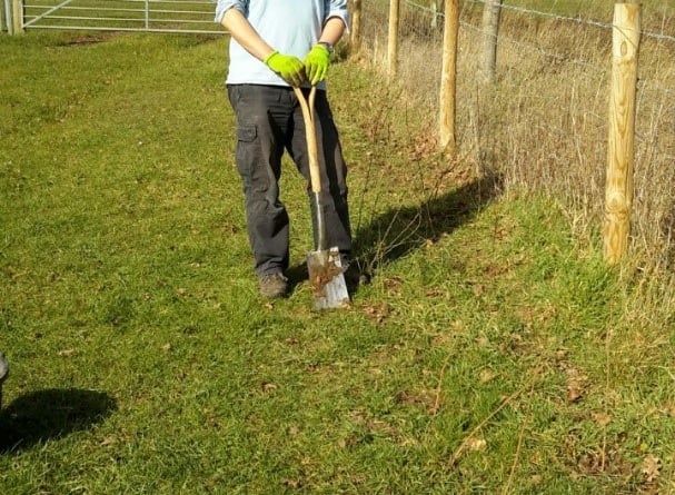 Alton Climate Action Network's project manager Scott Goldie digging at the Greenfields site