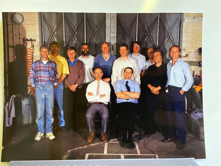 Farnham Hospital maintenance staff 1994. Standing L to R: Clive Payne, John Harding, Bob Rees, Peter Richie, Bill Jefferies, Jonathan Butt, Ronald Jarmain, Brian Poulter, Brian Neve, Winston Burrows. Seated: Tony Feltham, John Peters