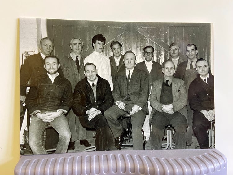 Farnham Hospital maintenance staff photographed sometime between September 1967 to February 1969. Standing: (left to right) John Beresford, Bob Adamson, Phil Williams, David Roberts, Fred Lake, Ernie Overington, Darkie Stanbridge. Sitting: Winston Burrows, John Skipper, George Parker, Fred ?, Don Coulson