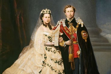 The future Edward VII and Queen Alexandra – the first royal couple to be photographed in their wedding clothes. Hand coloured print of photograph by John Jabez Edwin Mayall (1813-1901)