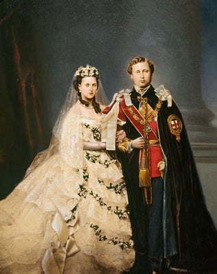The future Edward VII and Queen Alexandra – the first royal couple to be photographed in their wedding clothes. Hand coloured print of photograph by John Jabez Edwin Mayall (1813-1901)