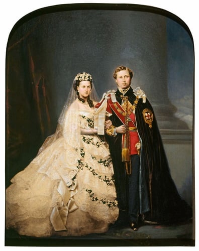 The future Edward VII and Queen Alexandra – the first royal couple to be photographed in their wedding clothes. Hand coloured print of photograph by John Jabez Edwin Mayall (1813-1901)