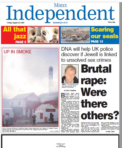 Manx Independent page 1 from August 2004 following conviction of rapist Kevin Jewell