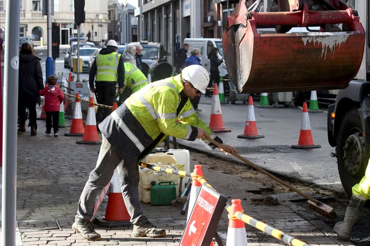 Roadworks on Victoria Street, Douglas, at the pedestrian crossing onto Duke Street -