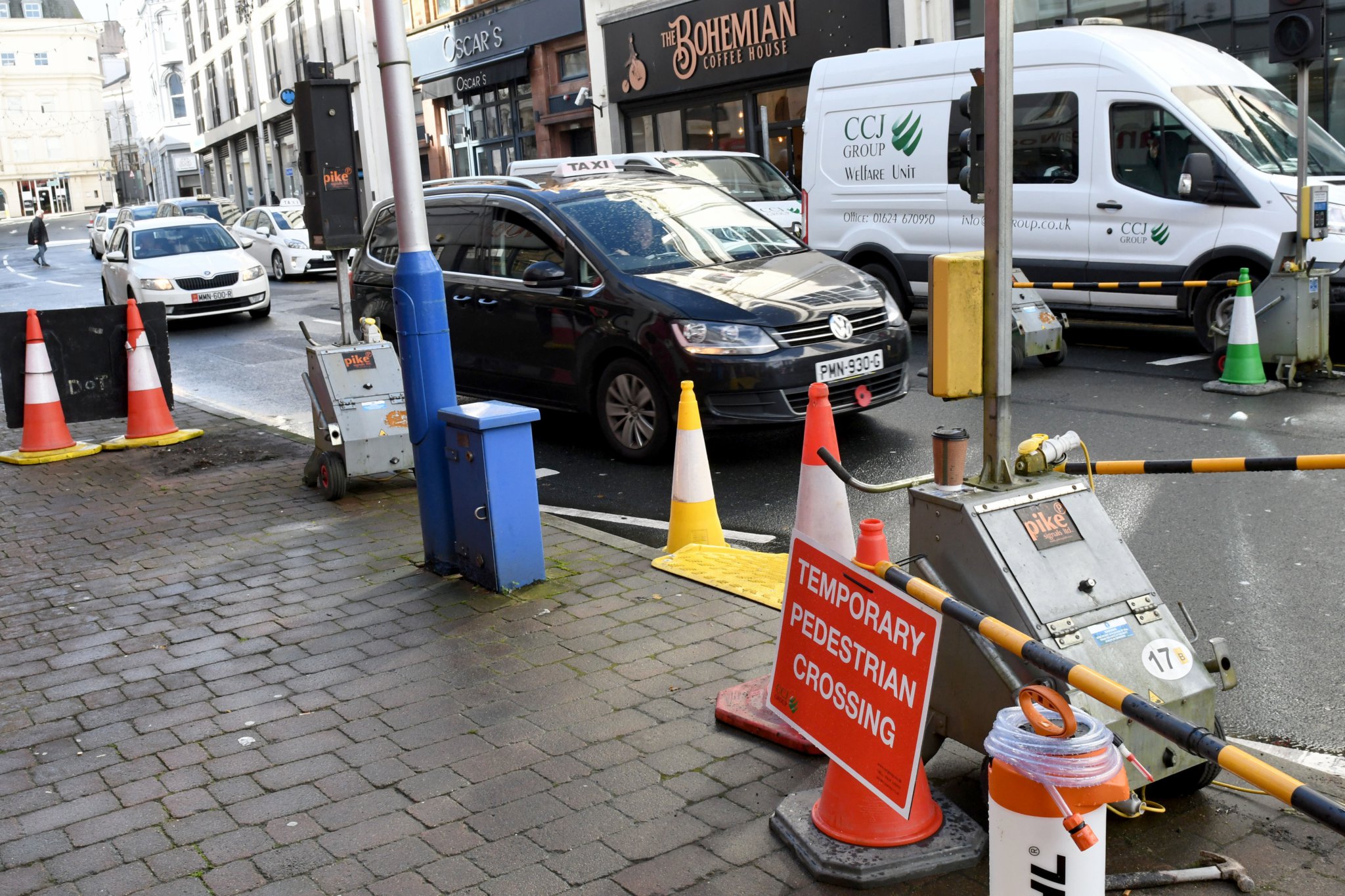Roadworks on Victoria Street, Douglas, at the pedestrian crossing onto Duke Street -